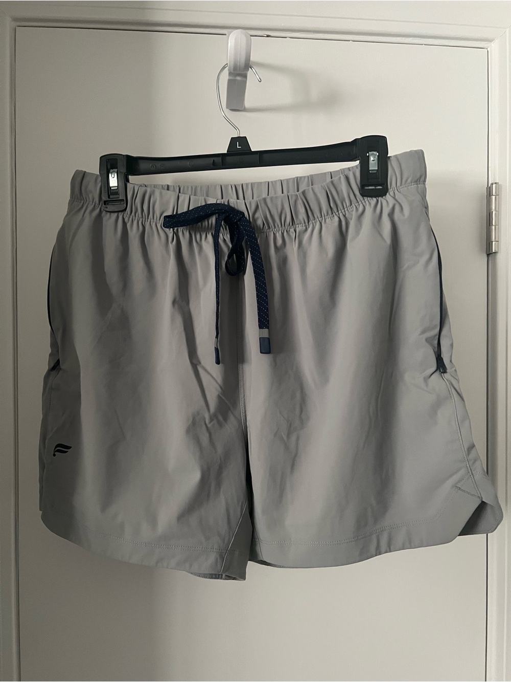 Fabletics Gray Drawstring Waist Active Shorts with Navy Drawstring